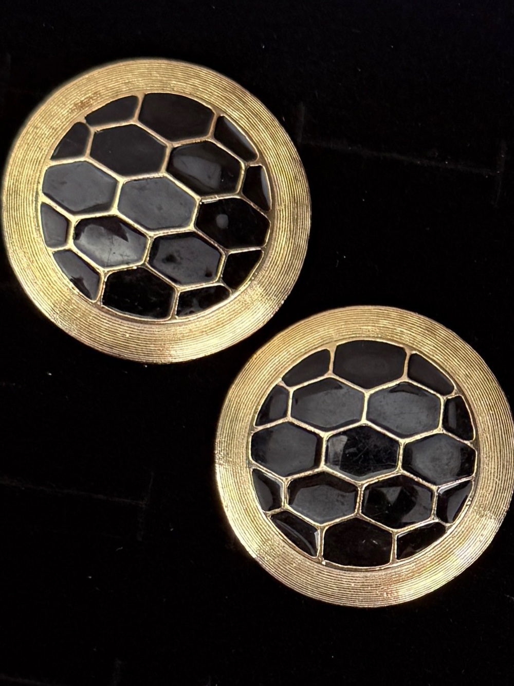 Vintage brass and black large weighted runway clip on earrings